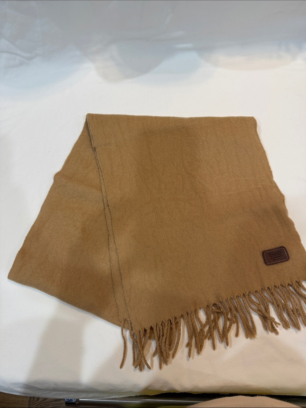 Coach Men's Camel Fringe Scarf - Signature Logo Patch